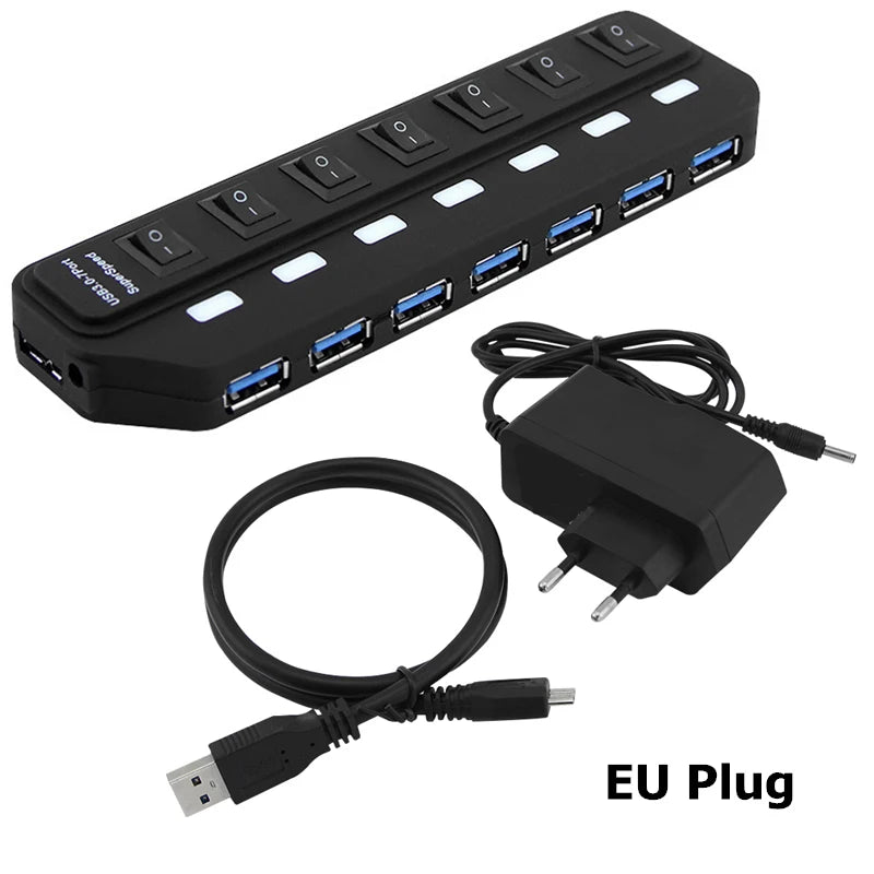USB 3.0 Hub 7 Port High Speed 5Gbps - On Off Switch 7 Ports with EU Plug