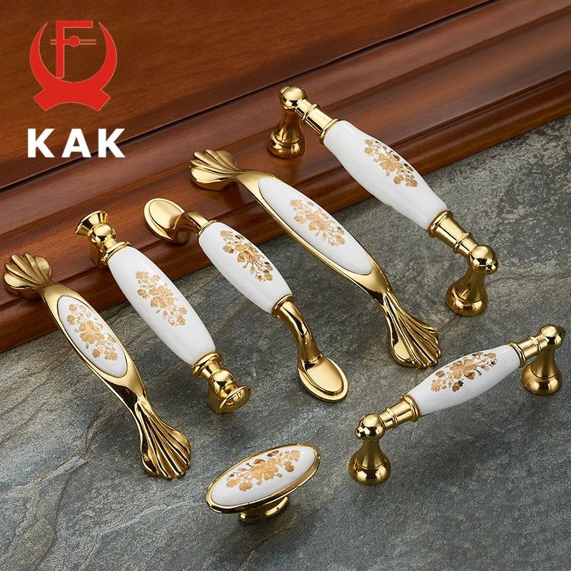 KAK Золотые цветочные керамические ручки для шкафов 96мм Европейский стиль