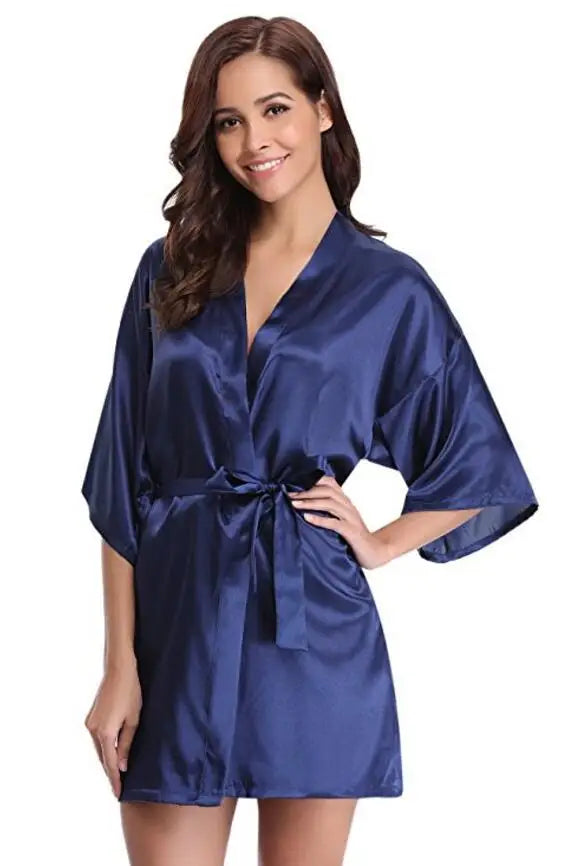RB032 2018 Silk Kimono Robe Bathrobe - Women's Satin Bridesmaid Dressing Gown navy / M