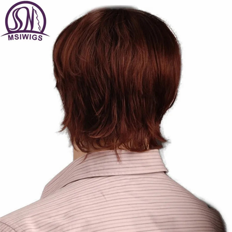 MSIWIGS 8 Inch Reddish Brown Straight Synthetic Wig for Men with Bangs