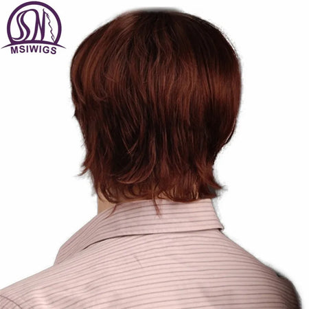 MSIWIGS 8 Inch Reddish Brown Straight Synthetic Wig for Men with Bangs