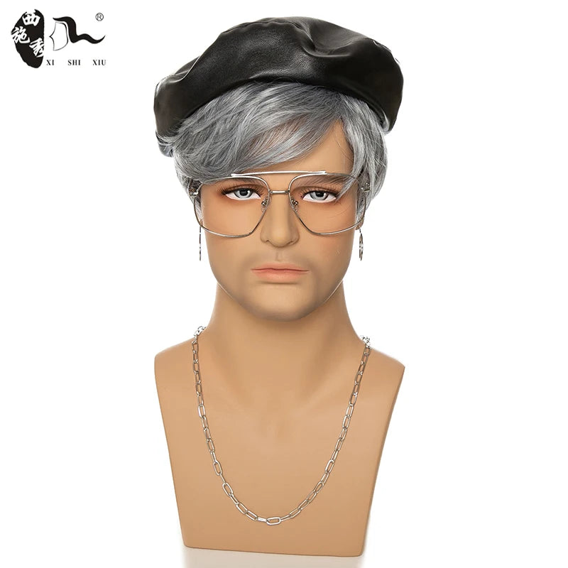 XISHIXIU Men's Silver Gray Wavy Synthetic Wig - Short Straight Pixie Cut
