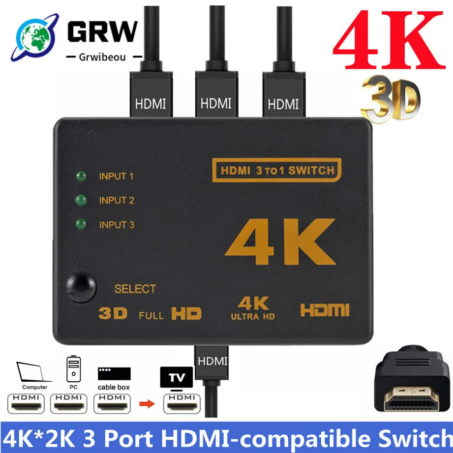 GRWIBEOU 4K 3x1 HDMI Switcher Adapter for Gaming and Multimedia