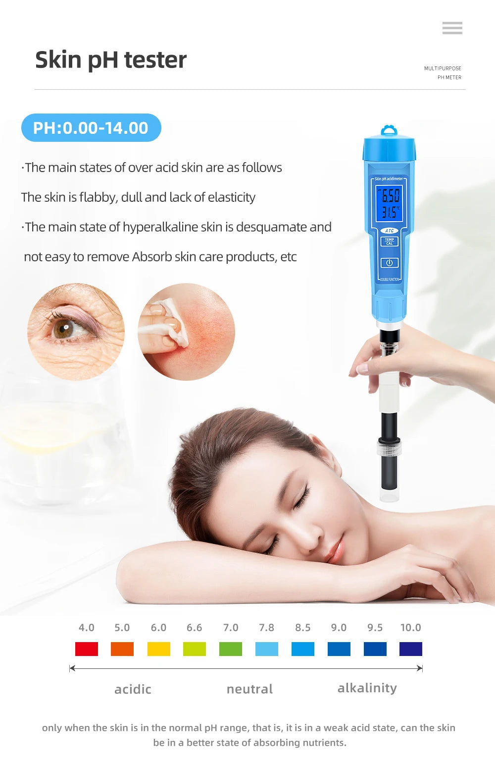 PH-6118 Skin PH Acdimeter 2 In 1 Tester - Backlit Display