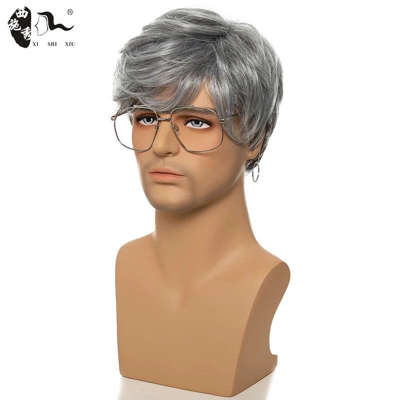 XISHIXIU Men's Silver Gray Wavy Synthetic Wig - Short Straight Pixie Cut