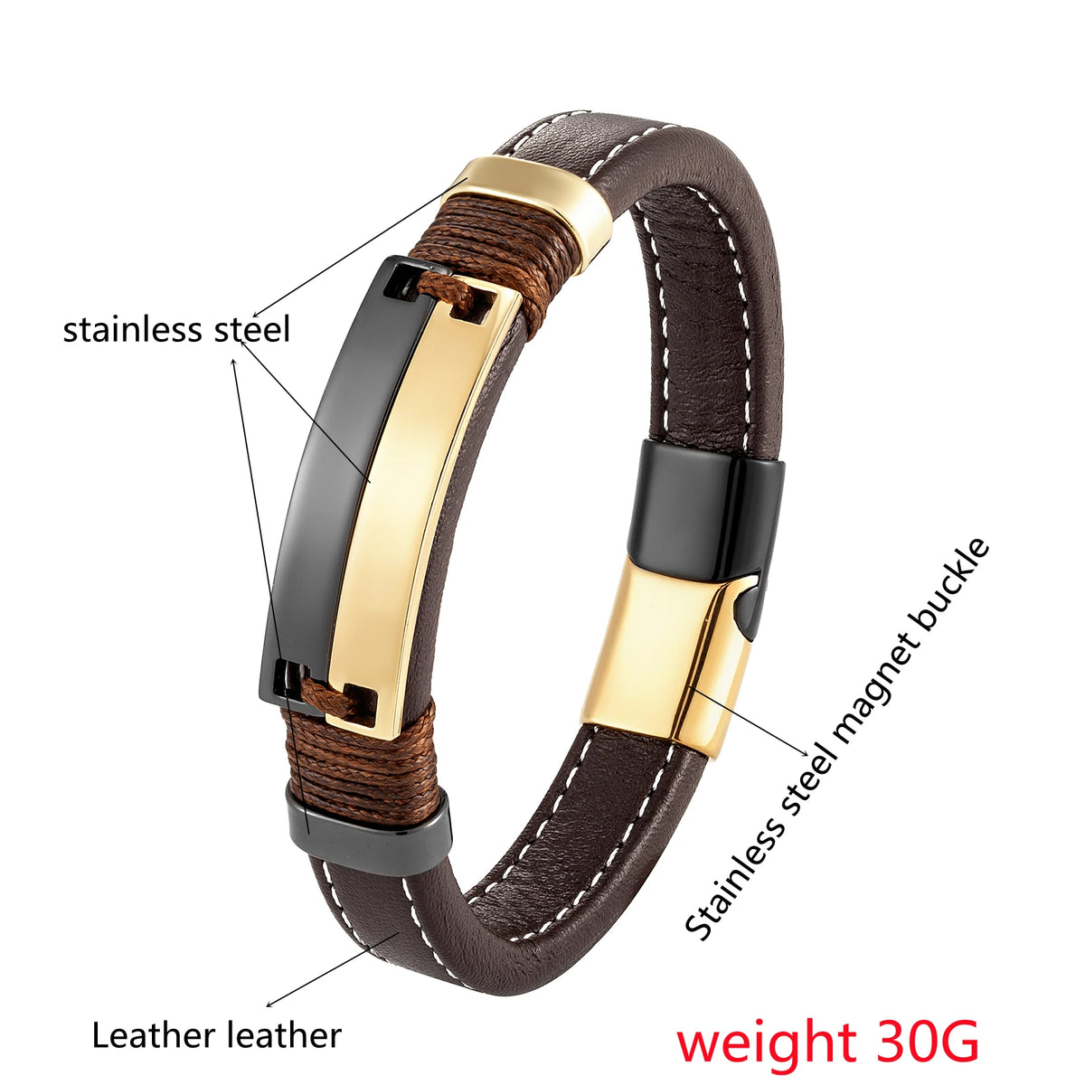 Double Row Stainless Steel Punk Couple Bracelet with Leather Charm