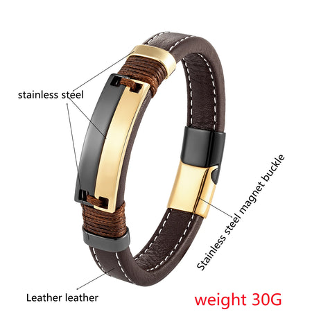 Double Row Stainless Steel Punk Couple Bracelet with Leather Charm