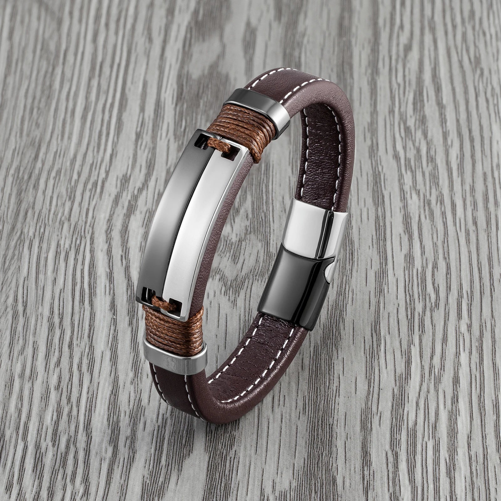 Double Row Stainless Steel Punk Couple Bracelet with Leather Charm