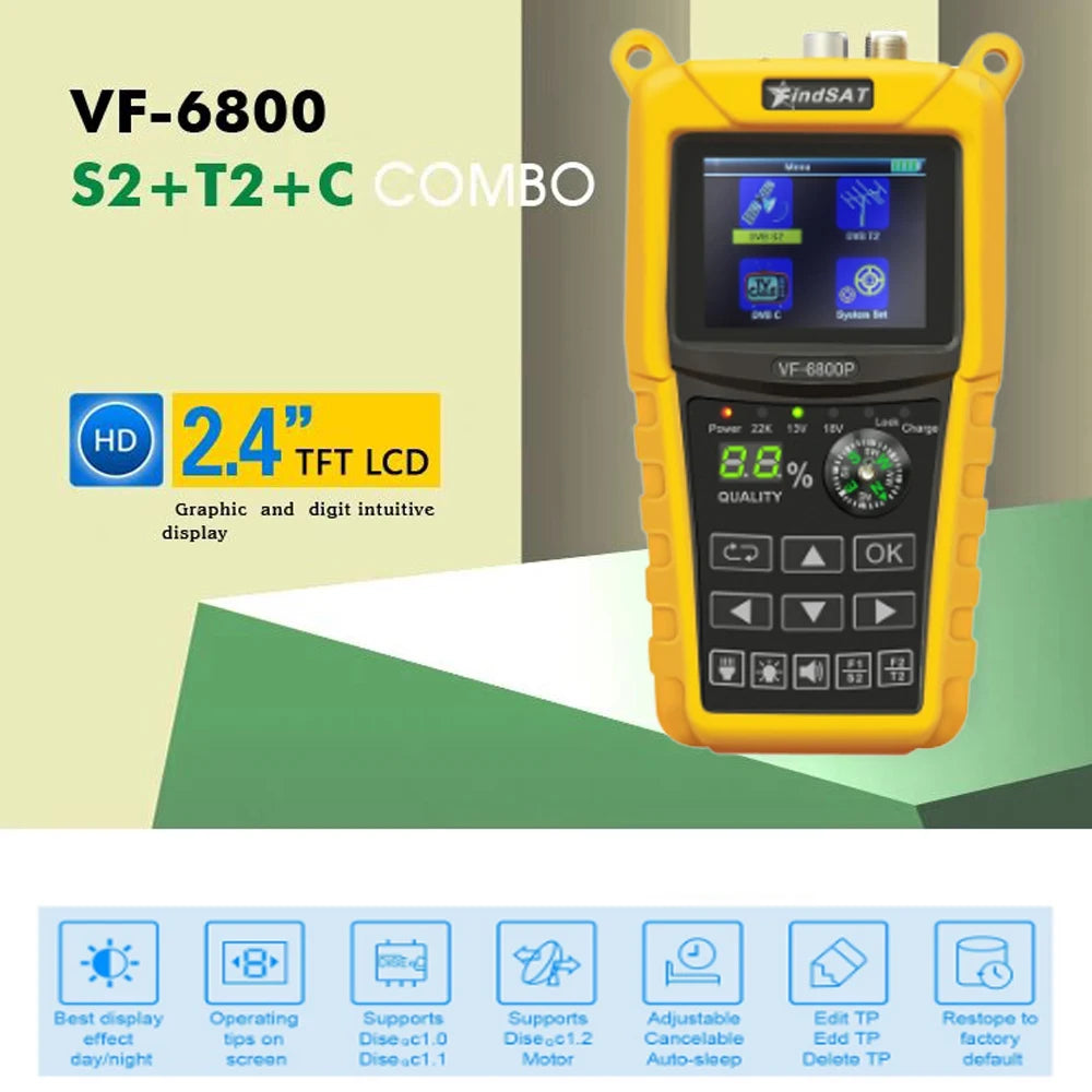 Woopker VF-6800P HD Digital Satellite Finder Combo Support DVB-T2/DVB S2/DVB C Sat Finder Meter TV Receiver Dvbt2 Tuner