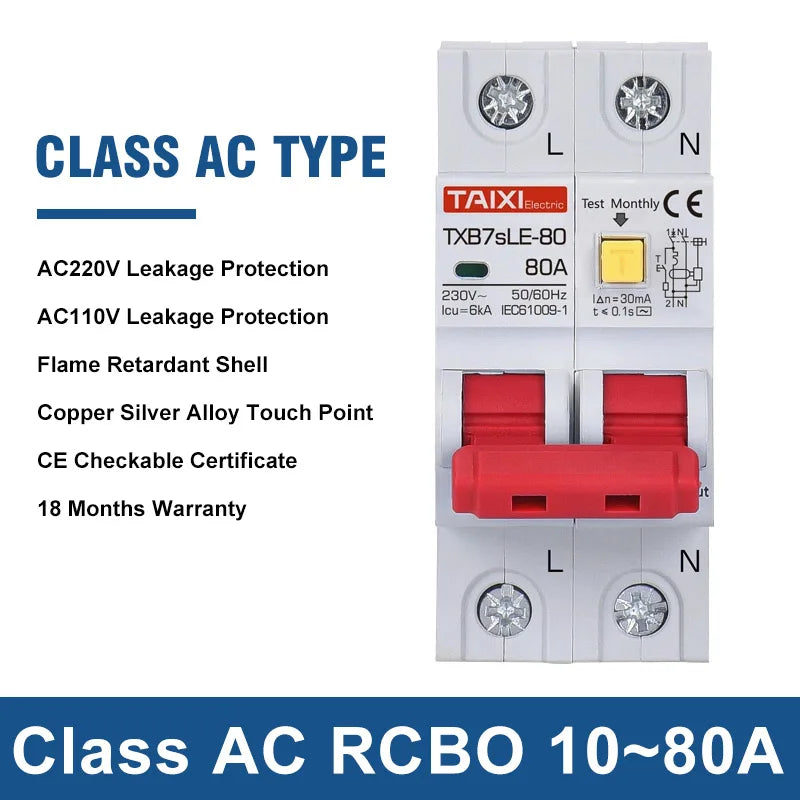 TAIXI Type A RCCB RCBO Residual Current Circuit Breaker - 10A to 63A, AC220V/AC110V, 30mA/15mA Leakage Protection