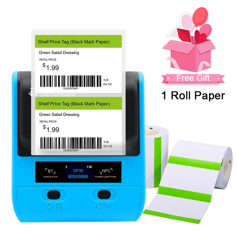 DETONGER DP30S &ndash; Portable Thermal Printer With Bluetooth DP30 1Roll Color / CHINA / UK Plug
