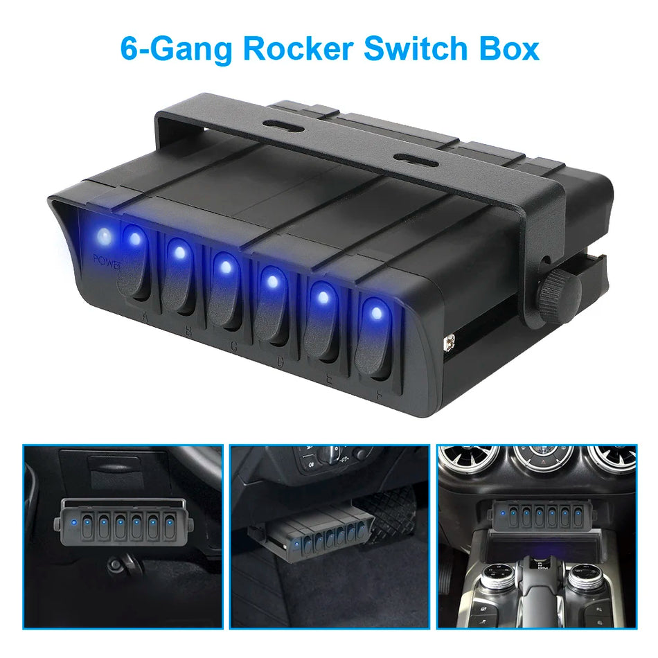 Offroad 6-Gang LED Switch Panel for Jeep, 12V 40A Aluminum Housing with Frosted Finish and Indicator