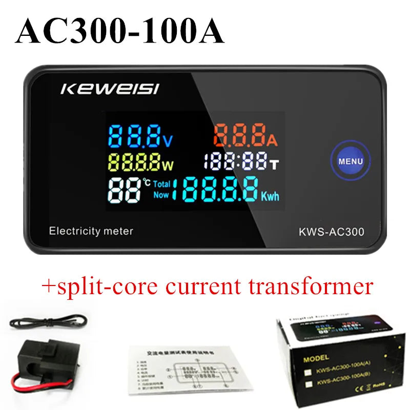 KWS-AC300 Voltmeter Ammeter &ndash; Resettable Energy Meter AC300-100A split