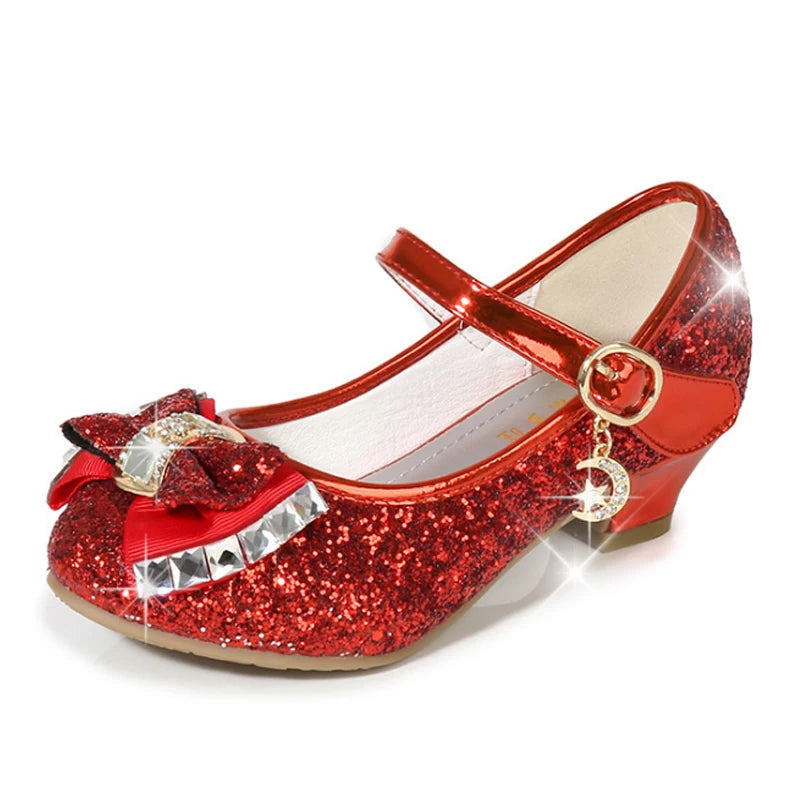 Princess Glitter High Heel Leather Shoes for Girls Red-zhengzhu / 32