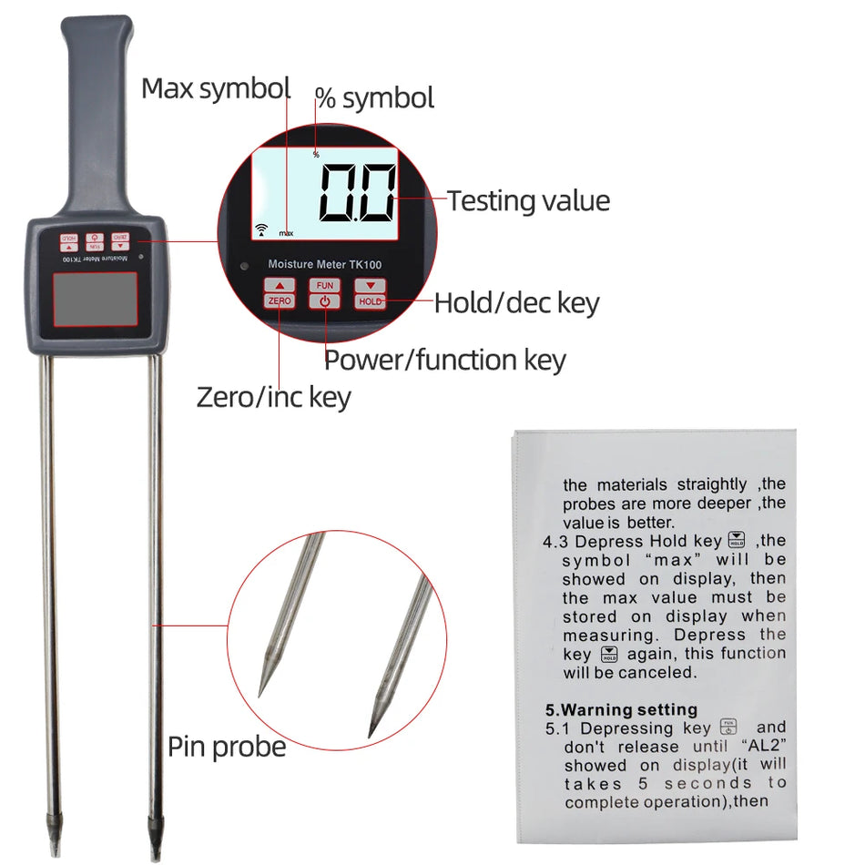 TK100 Portable Moisture Meter &ndash; Backlit Digital Hygrometer