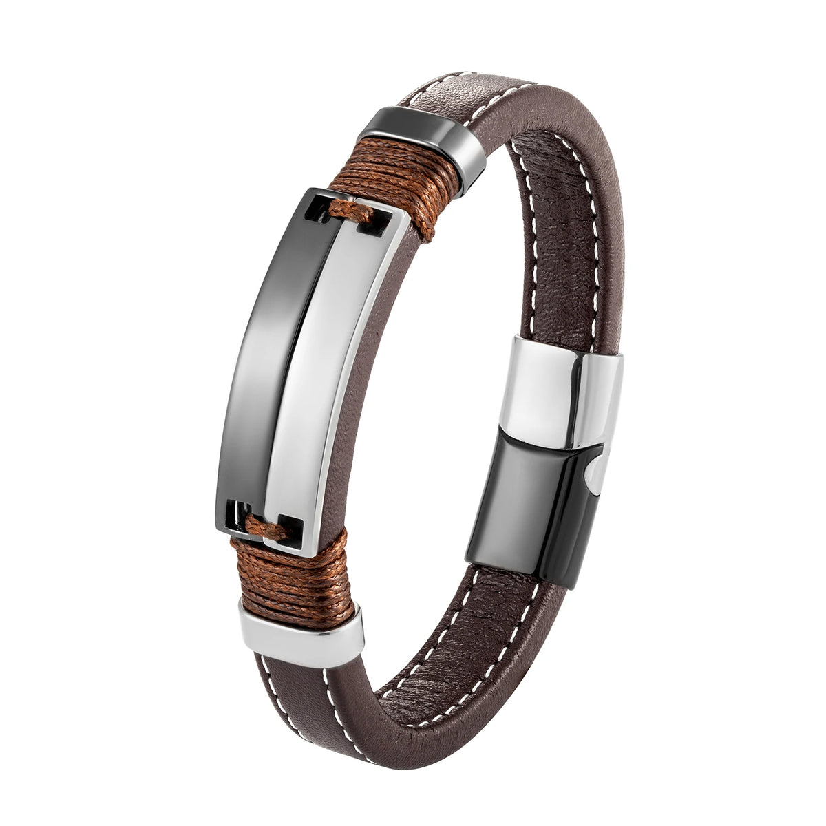 Double Row Stainless Steel Punk Couple Bracelet with Leather Charm BXGM-1137003 / CHINA / 23cm | Brown