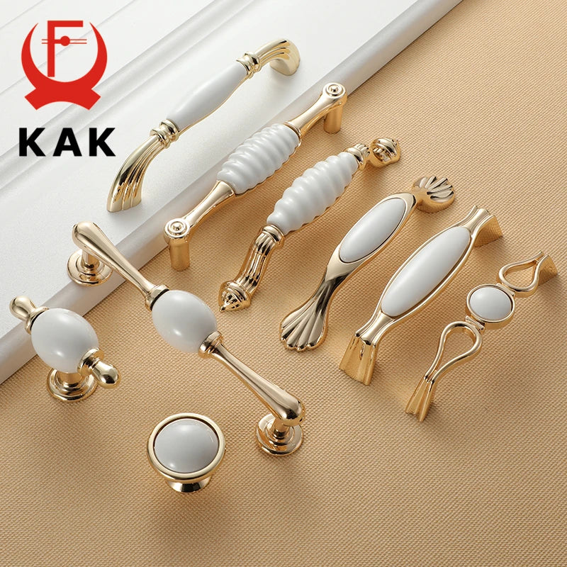 KAK White Ceramic Gold Cabinet Knobs and Drawer Pulls