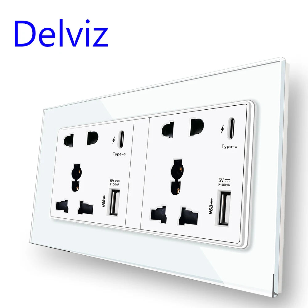 Delviz Type C Smart Quick Charge Wall Socket with Crystal Glass Panel White / 110-250V