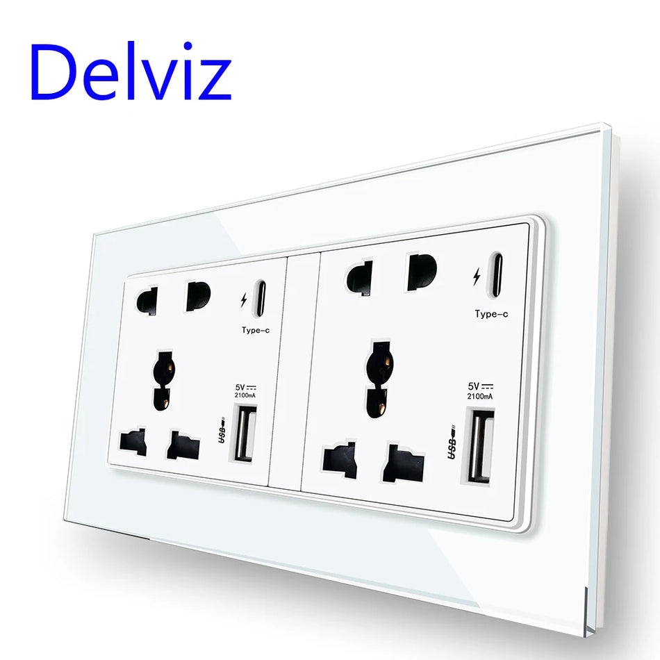 Delviz Type C Smart Quick Charge Wall Socket with Crystal Glass Panel White / 110-250V
