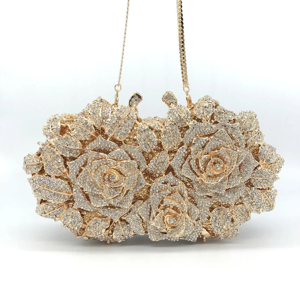 Elegant Golden Silver Crystal Minaudiere Clutch Bag for Women Light gold