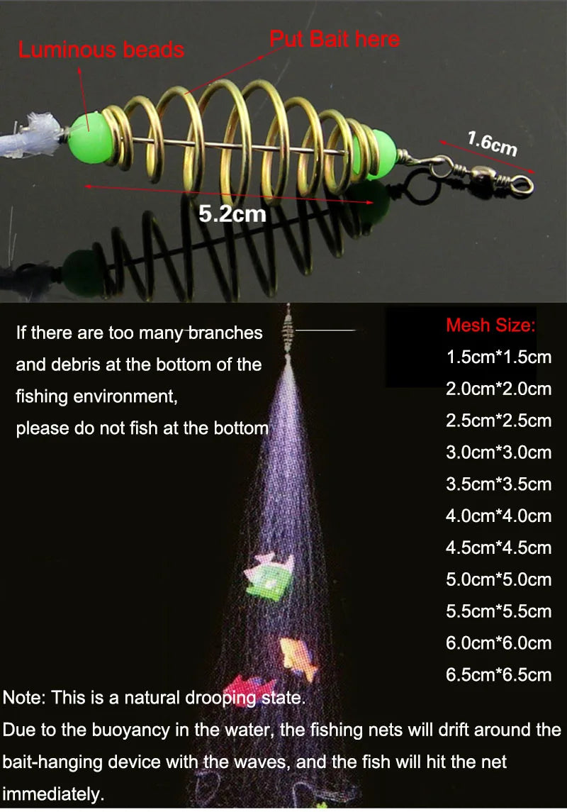 Foldable Nylon Fishing Net with Luminous Beads for Night Fishing 13 mesh size 6.5cm
