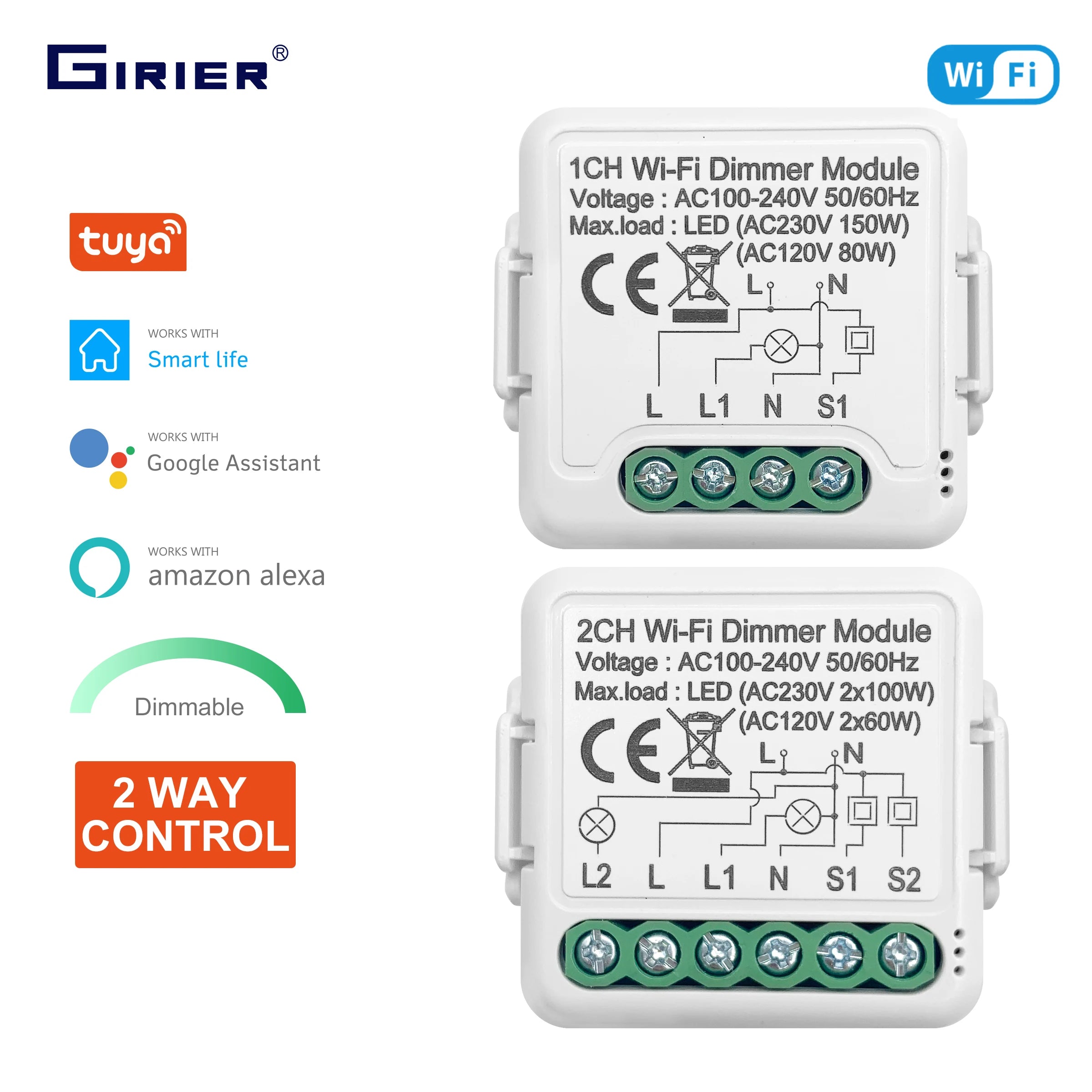 GIRIER WiFi Smart Dimmer Switch Module with Two-Way Control