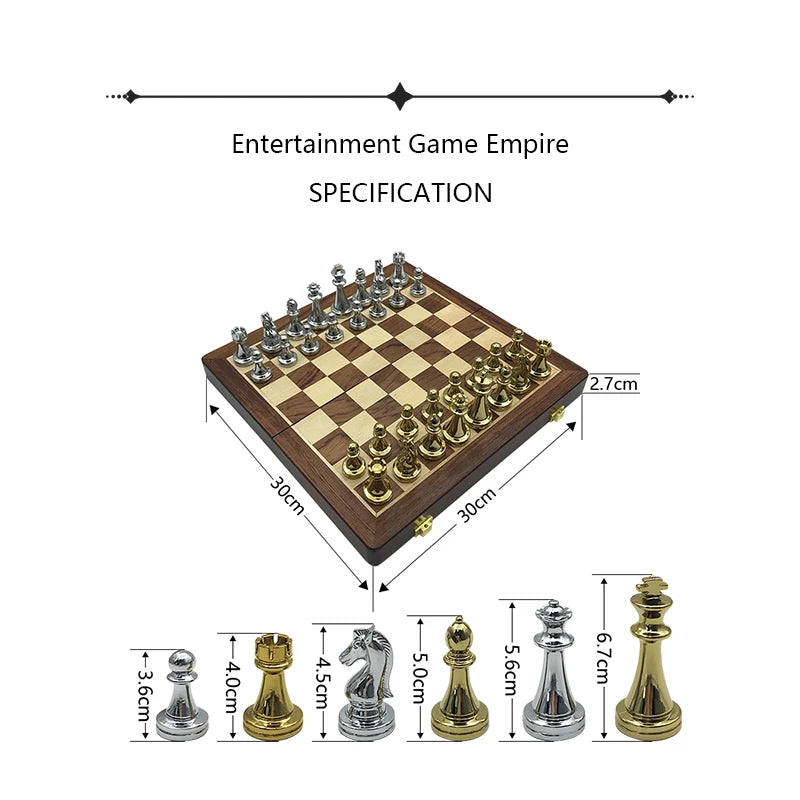Retro Metal Alloy Chessboard Folding Wood Set With Pieces