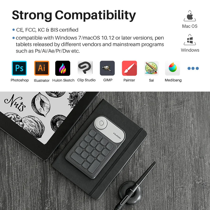 HUION Mini Wireless Keyboard with Bluetooth 5.0 for Graphic Tablets, Ergonomic