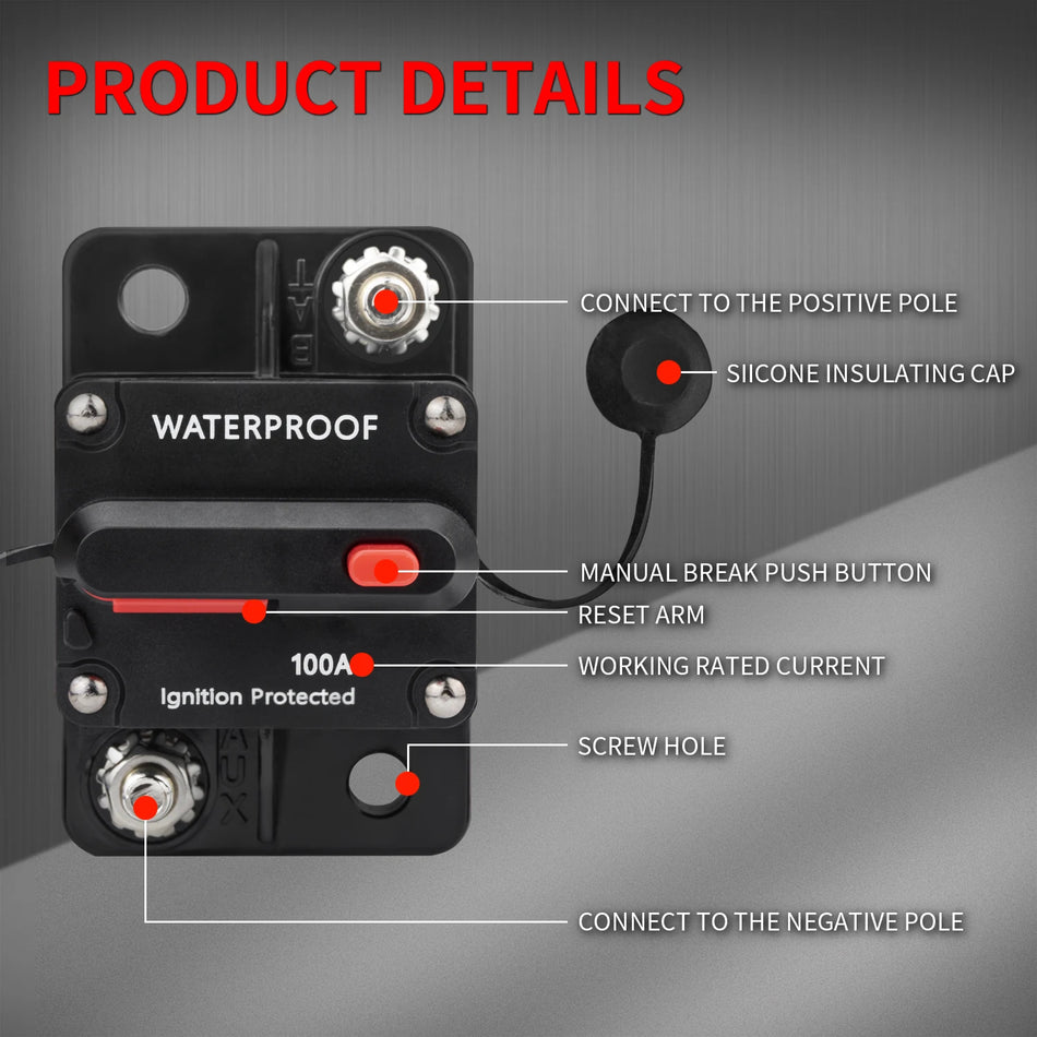 12V Waterproof Circuit Breaker with Manual Reset, 30A-300A ABS Body for Boat, Trolling, Car Audio