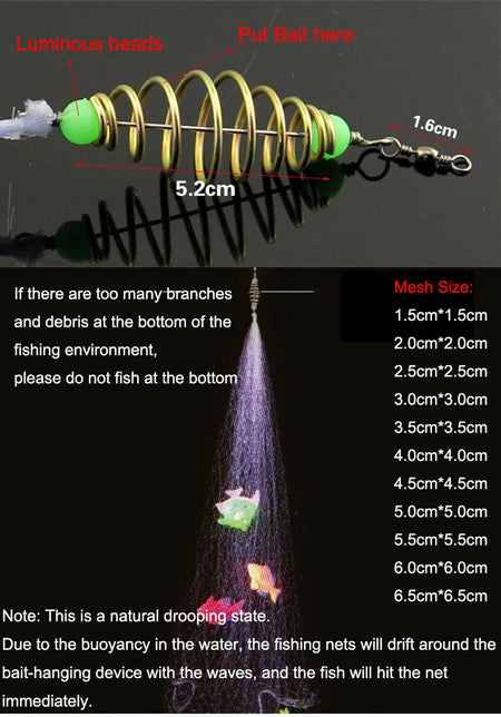 Foldable Nylon Fishing Net with Luminous Beads for Night Fishing 8 mesh size 4.0cm