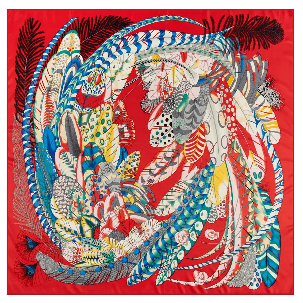 POBING Luxury Twill Silk Scarf &ndash; Elegant Animal Prints Red Feather / 130CM x 130CM / CHINA