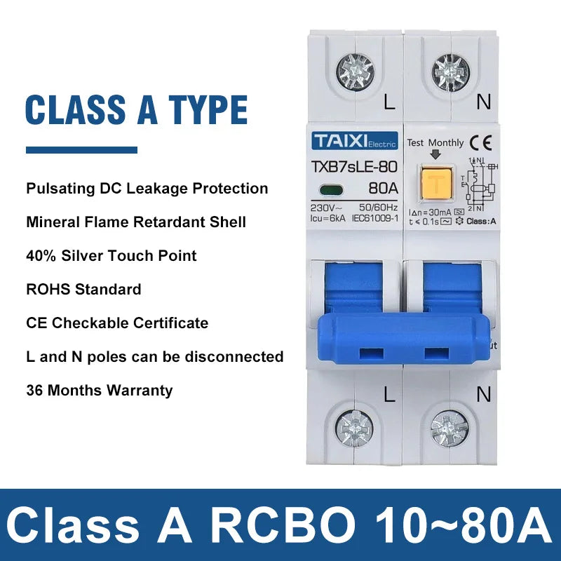 TAIXI Type A RCCB RCBO Residual Current Circuit Breaker - 10A to 63A, AC220V/AC110V, 30mA/15mA Leakage Protection