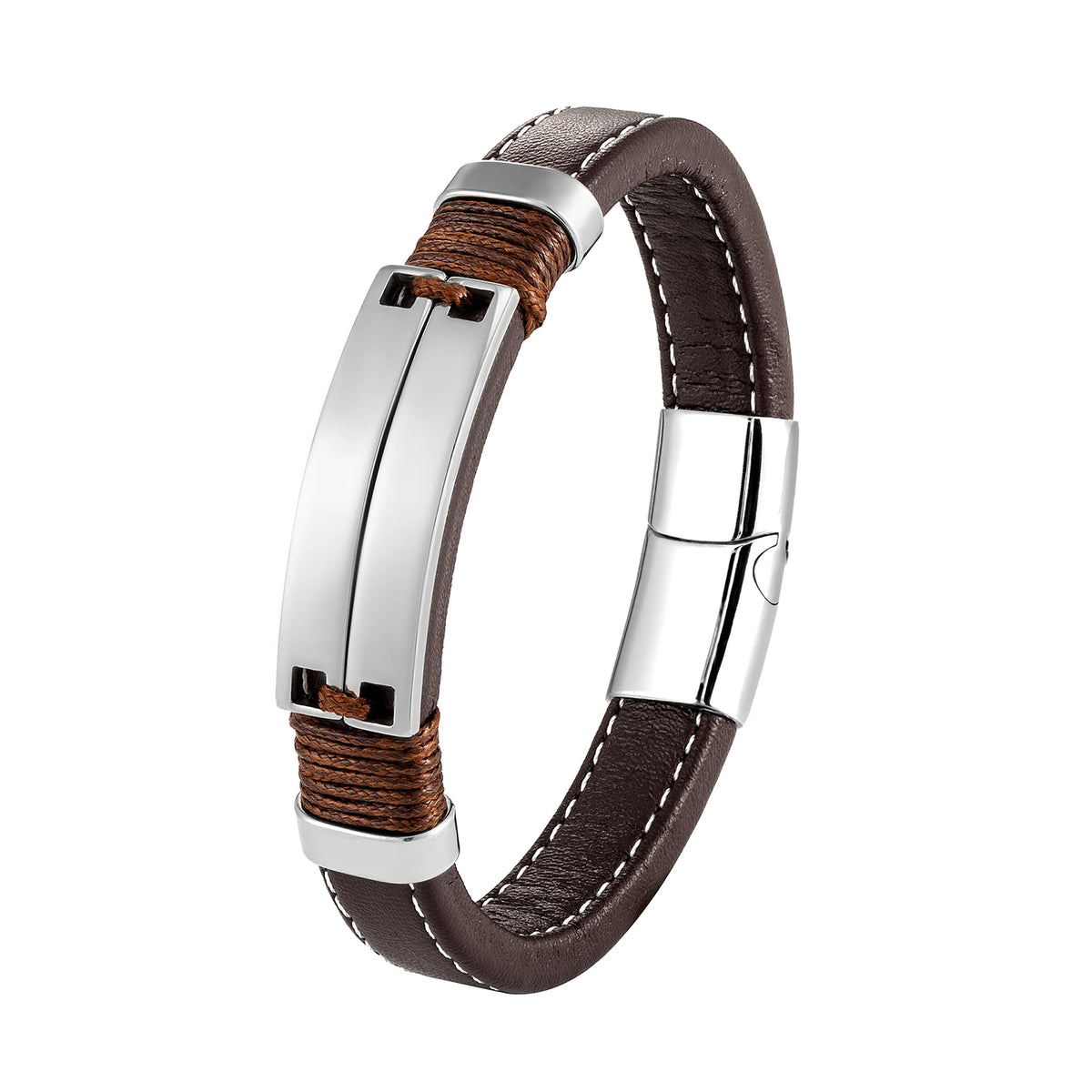 Double Row Stainless Steel Punk Couple Bracelet with Leather Charm BXGM-1137005 / CHINA / 19cm | Brown