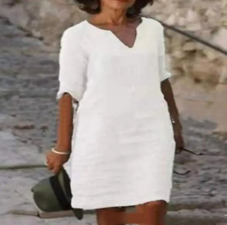 Vintage V-Neck Mini Dress for Women - Casual Three Quarter Sleeve Summer Style