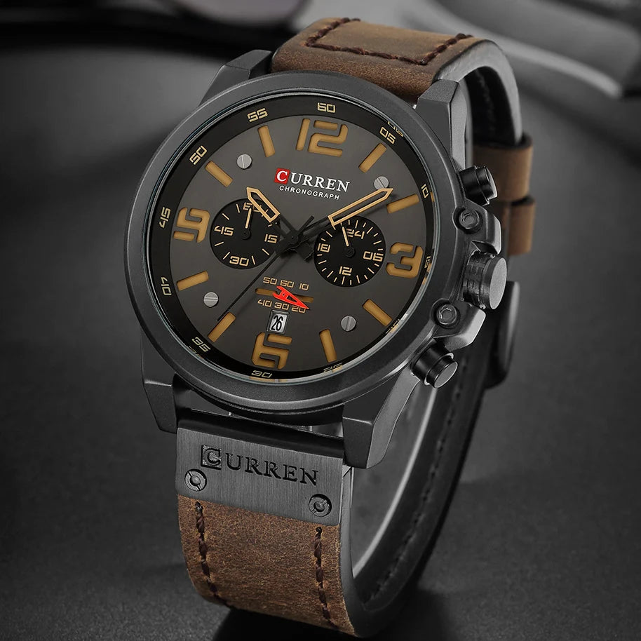 🟠 CURREN Mens Watches Top Luxury Brand Waterproof Sport Wrist Watch Chronograph Quartz Military Genuine Leather Relogio Masculino