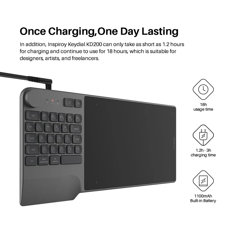 Huion KD200 Inspiroy Keydial Trådlös Grafikplatta med Bluetooth 5.0