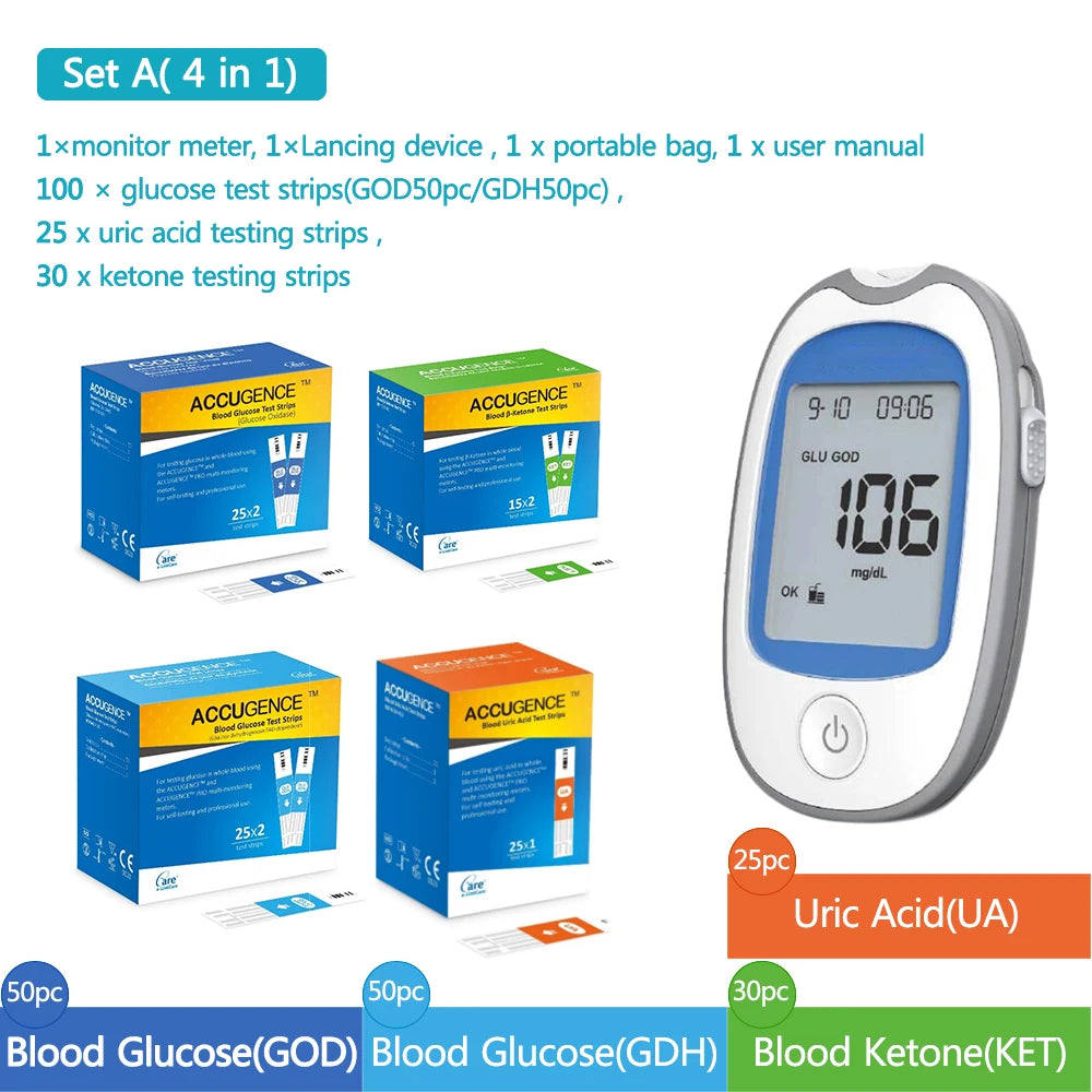 4 in 1 Home Medical Multifunction Blood Glucose Meter &ndash; Accurate Blood Sugar and Ketone Testing Set A / CHINA