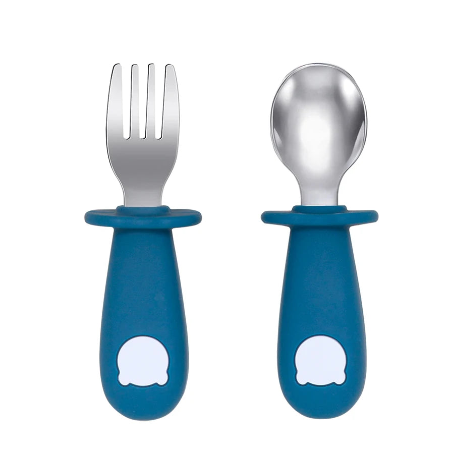 Cartoon Bear Baby Feeding Utensil Set - BPA Free Silicone 007 Deep blue