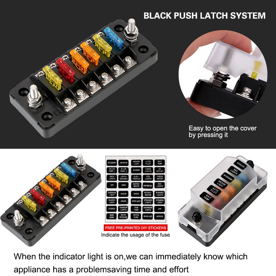 RV Fuse Box 32V 75A, 12 Way Blade Fuse Block, Surge Protector, Flame Retardant