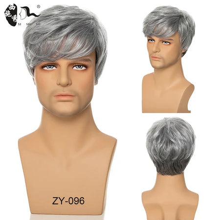 XISHIXIU Men's Silver Gray Wavy Synthetic Wig - Short Straight Pixie Cut ZY-096 / 1pc