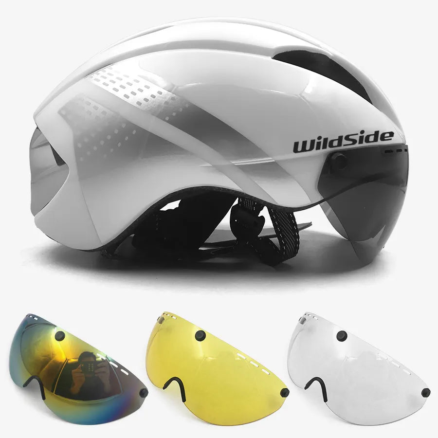 🟠 Wildside Aero Bicycle Helmet Timetrial 3 Len Cycling Helmet Magnetic Buckle Riding Helmet Goggle Bike Helmet Road Casco Ciclismo