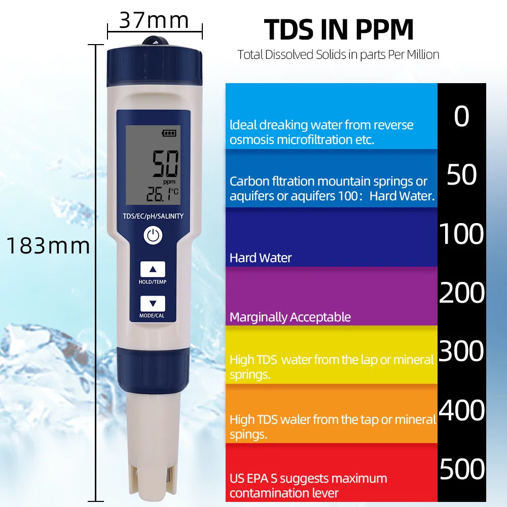 5 In 1 PH TDS EC Salinity Meter &ndash; Auto Calibration Function