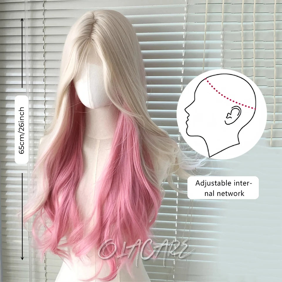 OLACARE Long Curly Wavy Pink Blonde Synthetic Wig with Fluffy Bangs