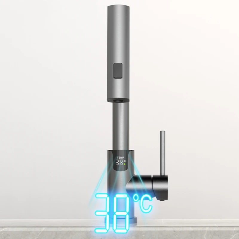Vattenfall Temperatur Digital Display Handfat Blandare Utdragbar Strålspruta Varm Kall Vatten Diskbänk Mixer Tvättkran För Badrum
