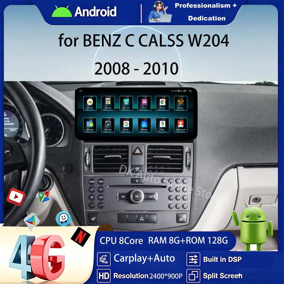 12,3-calowy odtwarzacz multimedialny QLED Auto dla Mercedesa Klasy C W204 z Androidem 16, Carplay, 4G, WiFi