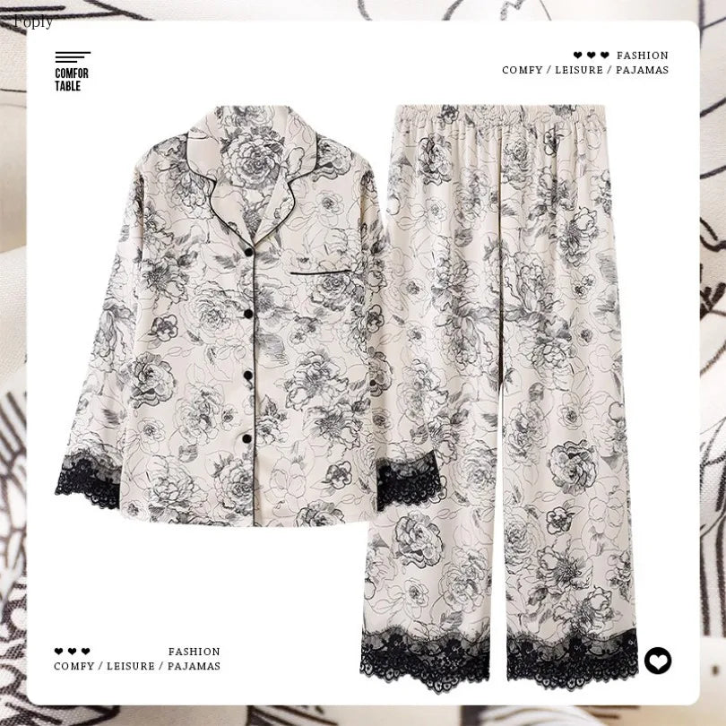 Flower Print Lace Two-piece Satin Pajamas for Women - Spring &amp; Autumn