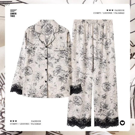 Flower Print Lace Two-piece Satin Pajamas for Women - Spring &amp; Autumn