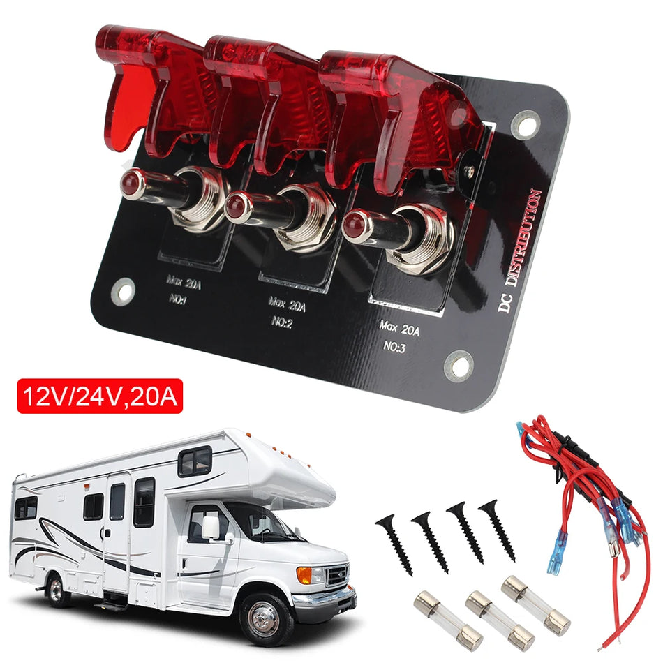 Rocker tipo jungiklio skydelis su 3 apšviestais jungikliais, 12V-24V, 20A saugiklis