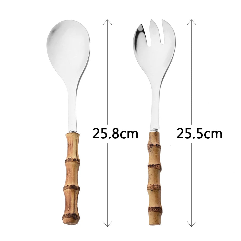 KNGZI 4Pcs Long Handle Serving Spork Set &ndash; Elegant Bamboo Wooden Handle
