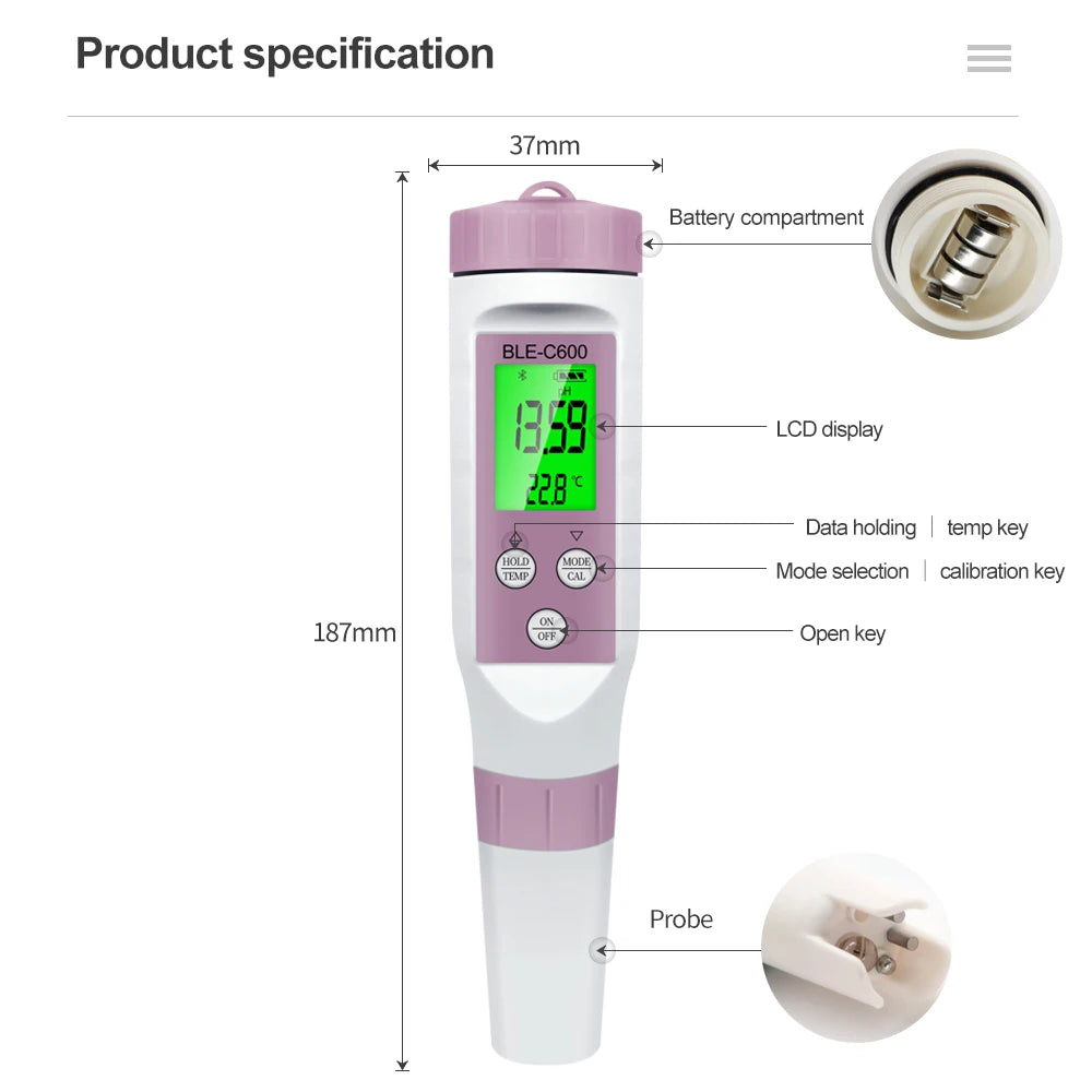 BLE-C600 &ndash; Bluetooth 7 In 1 Water Tester With App Control